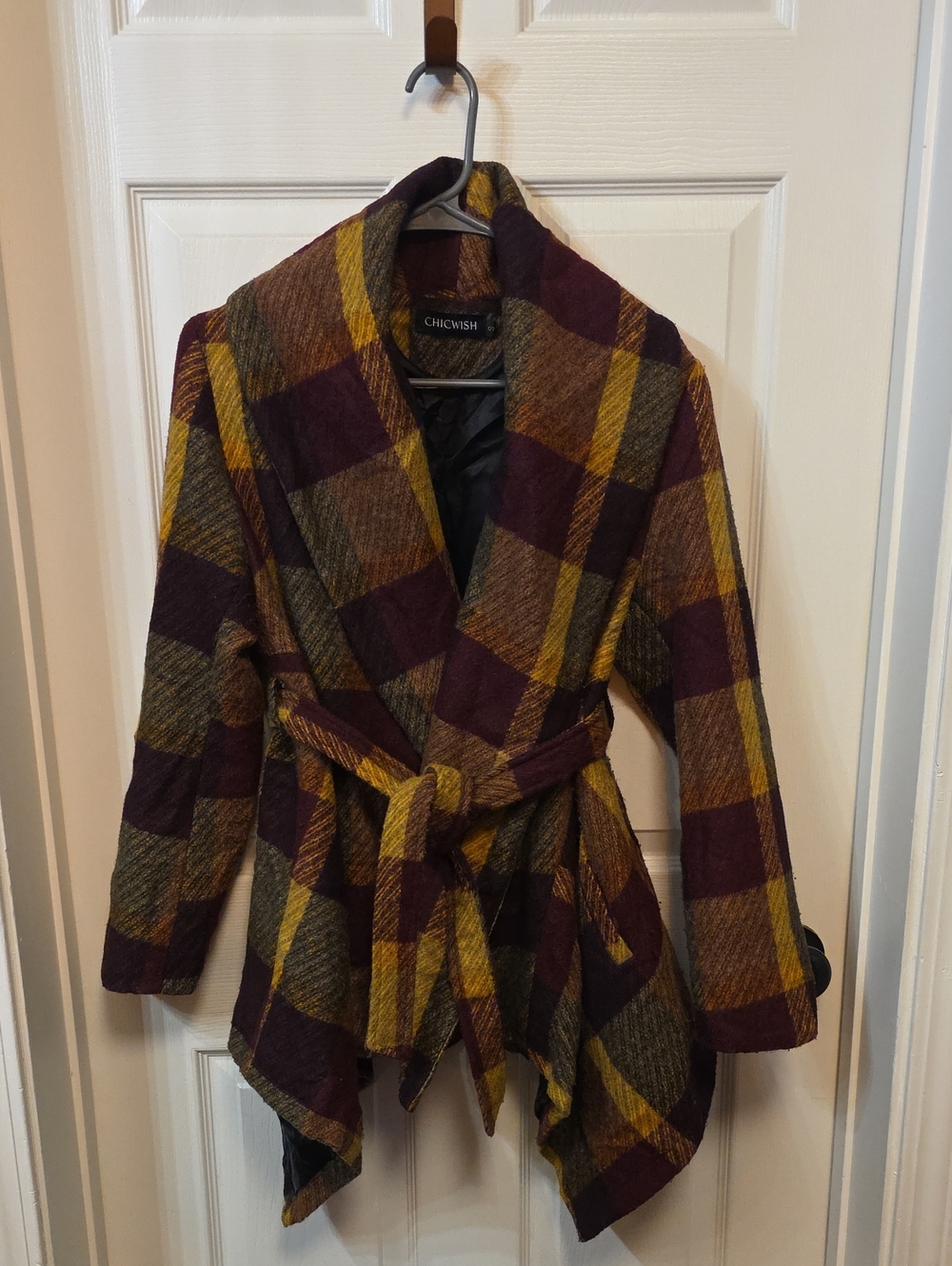 Chicwish Plaid Wrap Wool Blend Coat in Mustard & Burgundy
